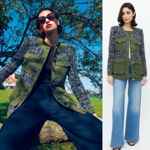 Veronica Beard FIELDING MIXED MEDIA COTTON BLEND DICKEY COAT IN NAVY MULTI - Picture 1 of 6